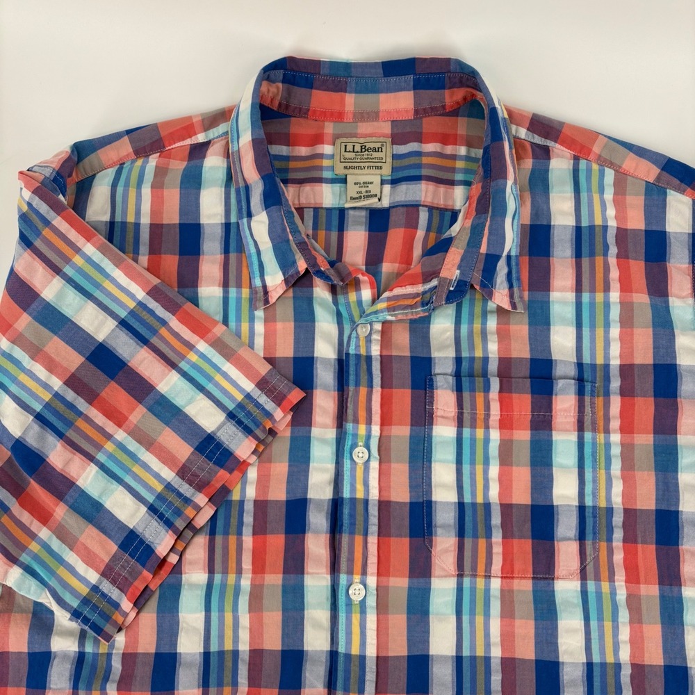 LL Bean Mens XXL Short Sleeve Organic Cotton Plaid‎ Shirt Slightly Fitted 510008